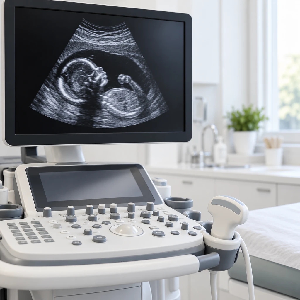 Illustrative obstetric ultrasound machine and probe in a clinic