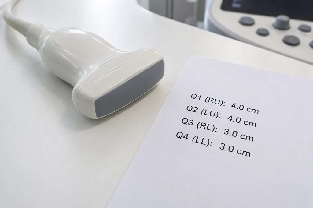 Ultrasound probe beside an illustrative four-quadrant report