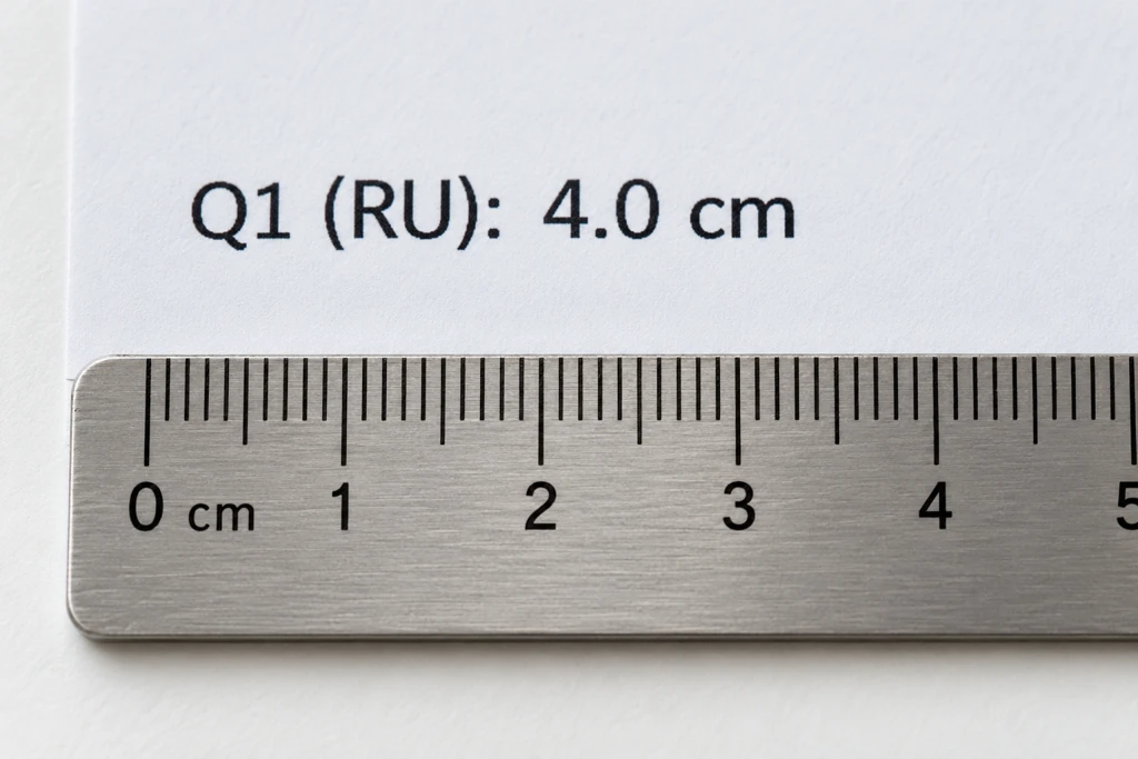 Centimetre ruler alongside a cm label on an illustrative report