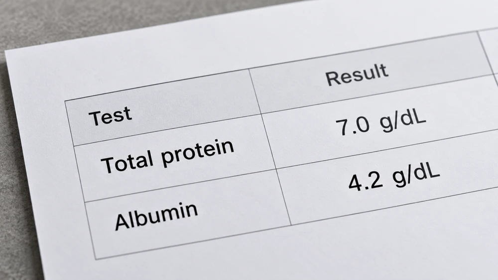 Illustrative albumin and total protein values on an anonymous laboratory report