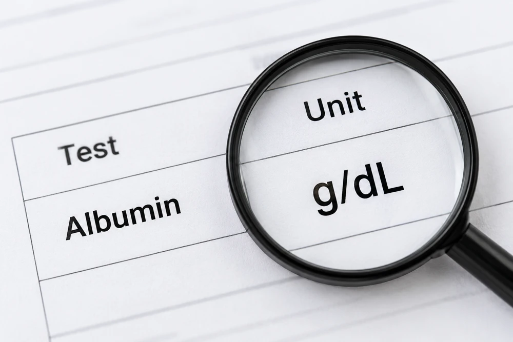 Magnifying glass over the g/dL unit on an illustrative report