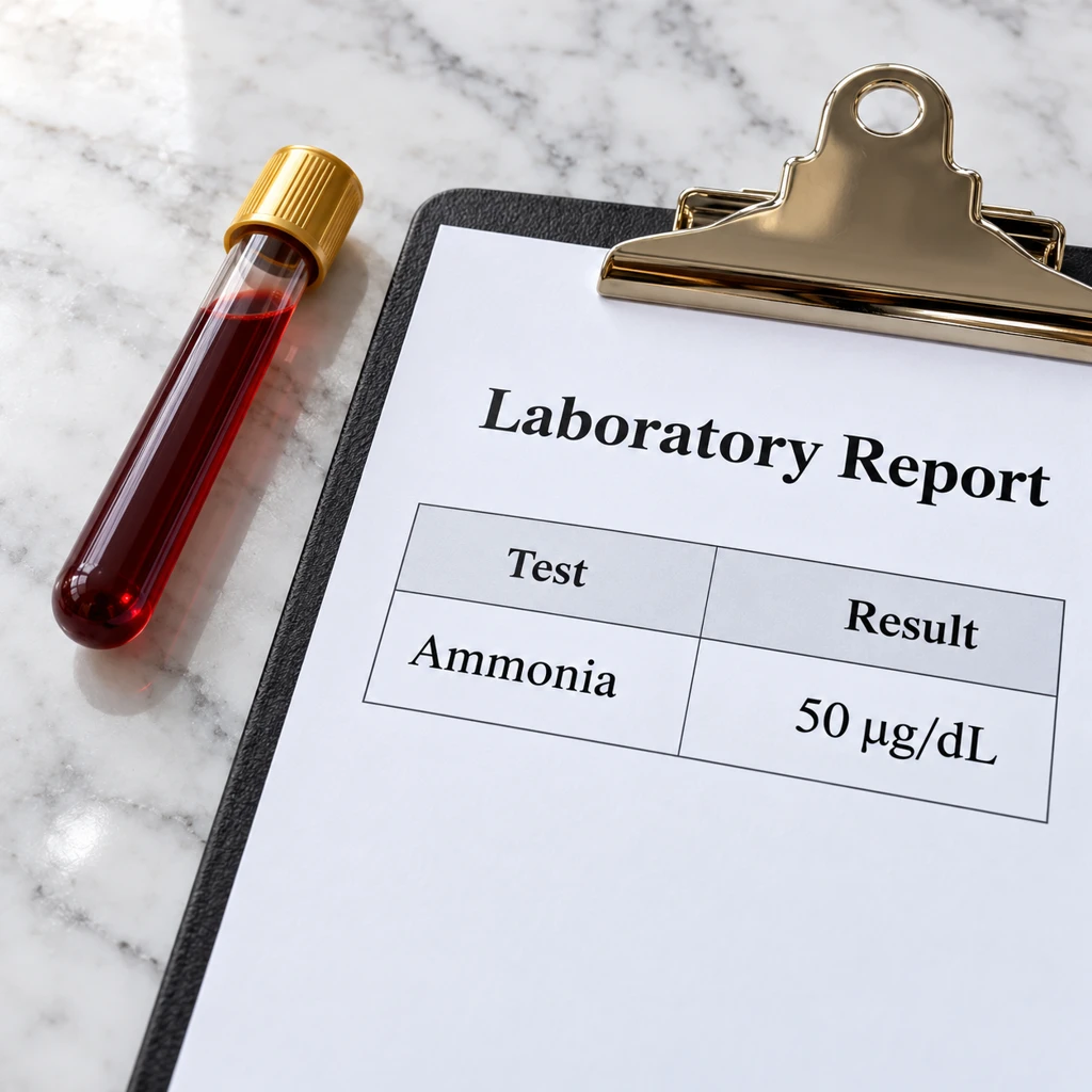 Illustrative anonymous ammonia laboratory report beside a closed sample tube