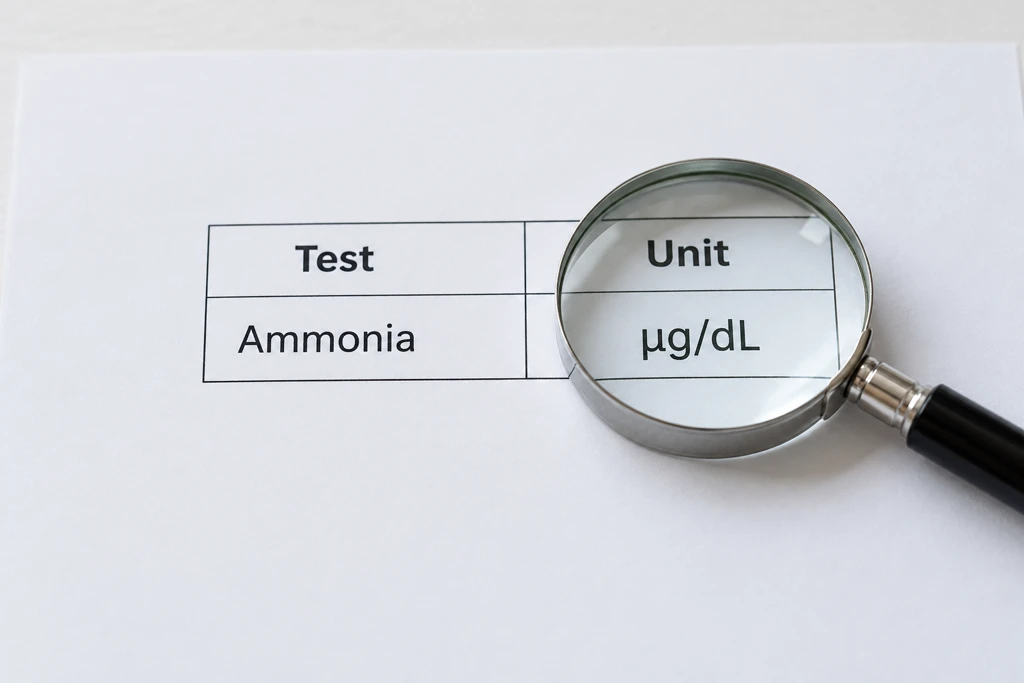 Magnifying glass over µg/dL on an illustrative ammonia report