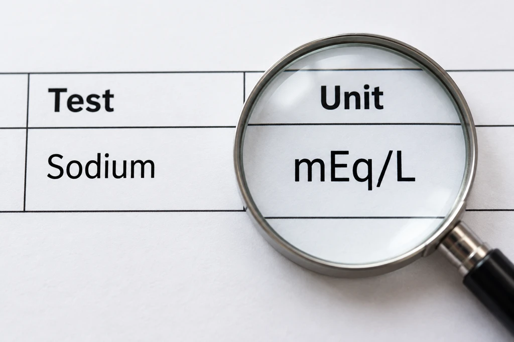 Magnifying glass over mEq/L on an illustrative report