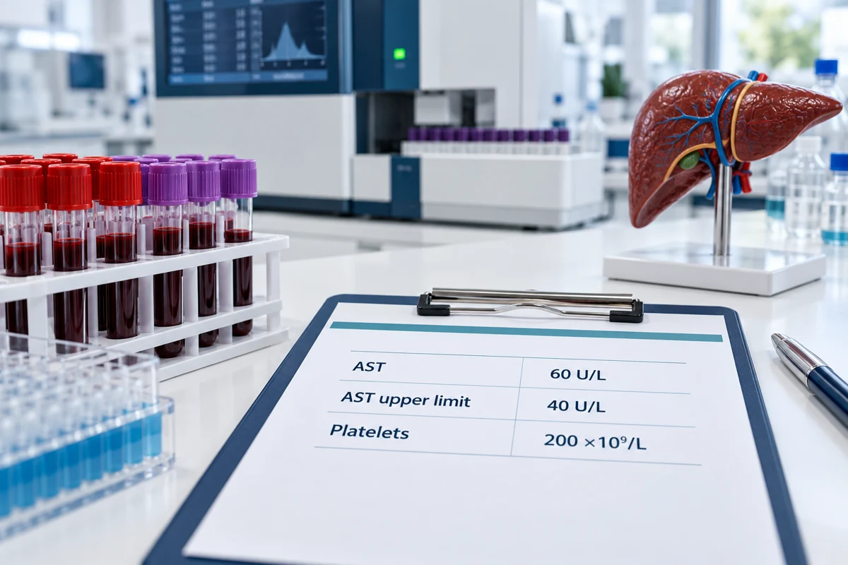 Illustrative blood samples, laboratory report and liver teaching model