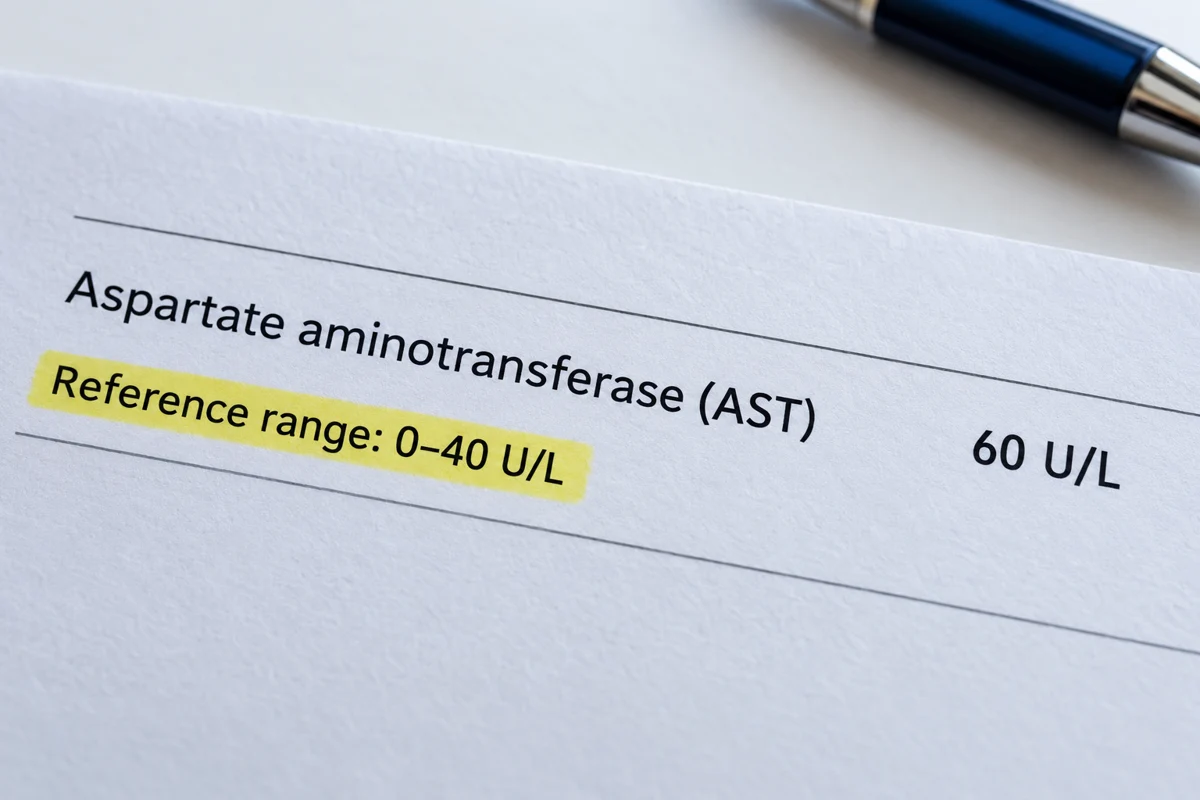 Illustrative report showing an AST reference upper limit of 40 U/L