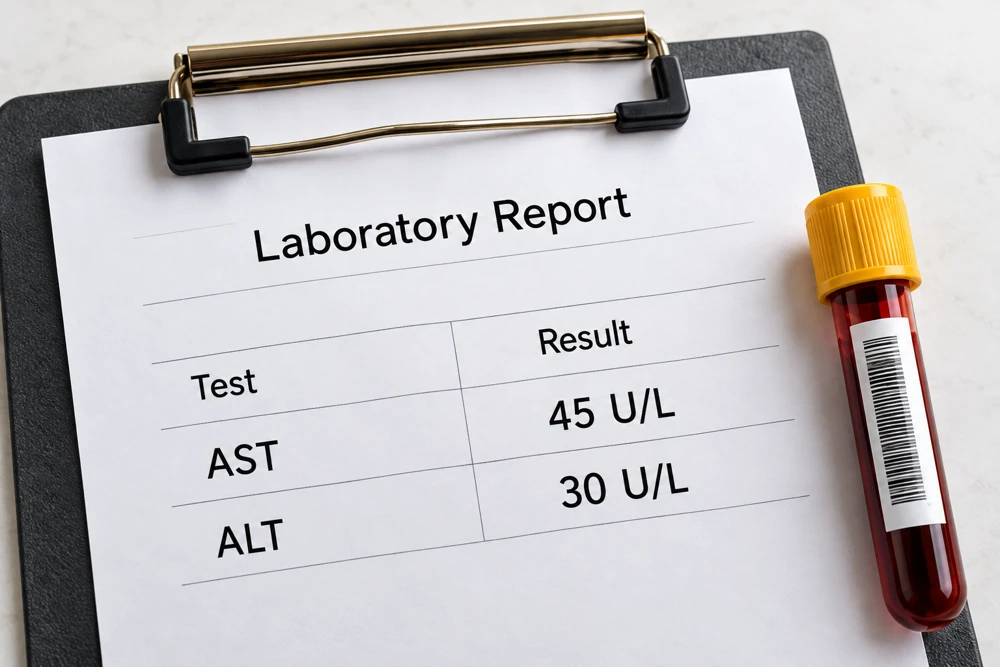 Illustrative anonymous laboratory report with AST and ALT values beside a closed gold-top sample tube