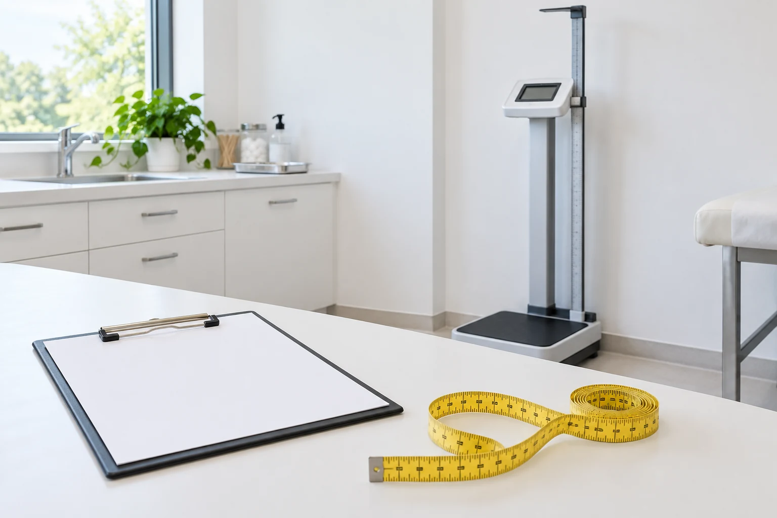 Illustrative clinical scale, measuring tape and blank clipboard