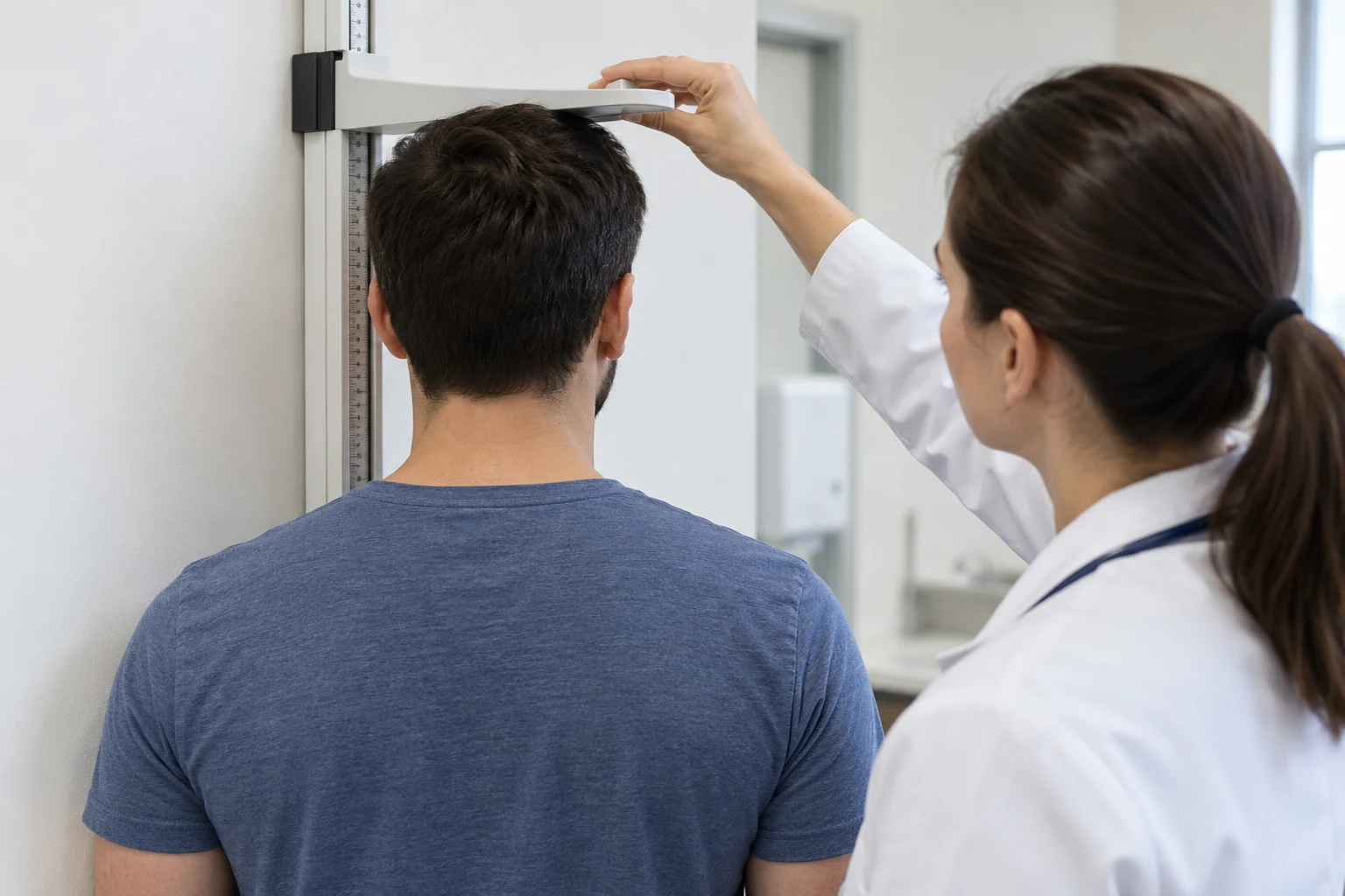 Illustrative adult height assessment at a stadiometer