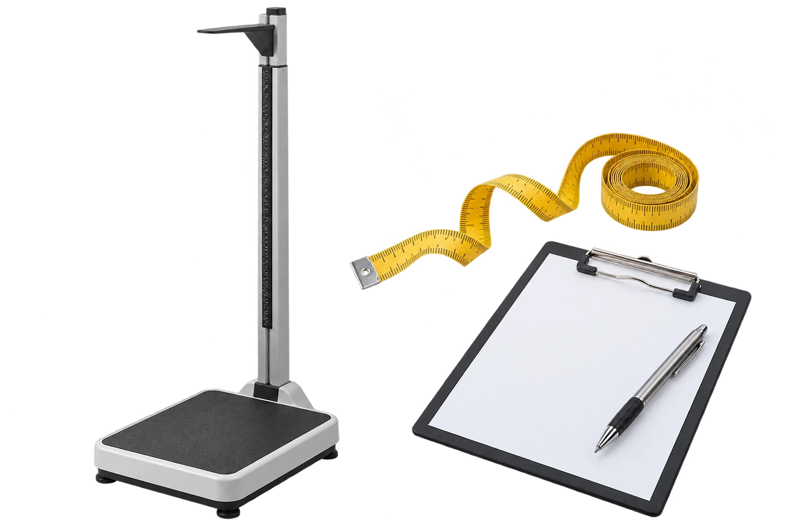 Illustrative clinical standing scale, measuring tape and blank clipboard
