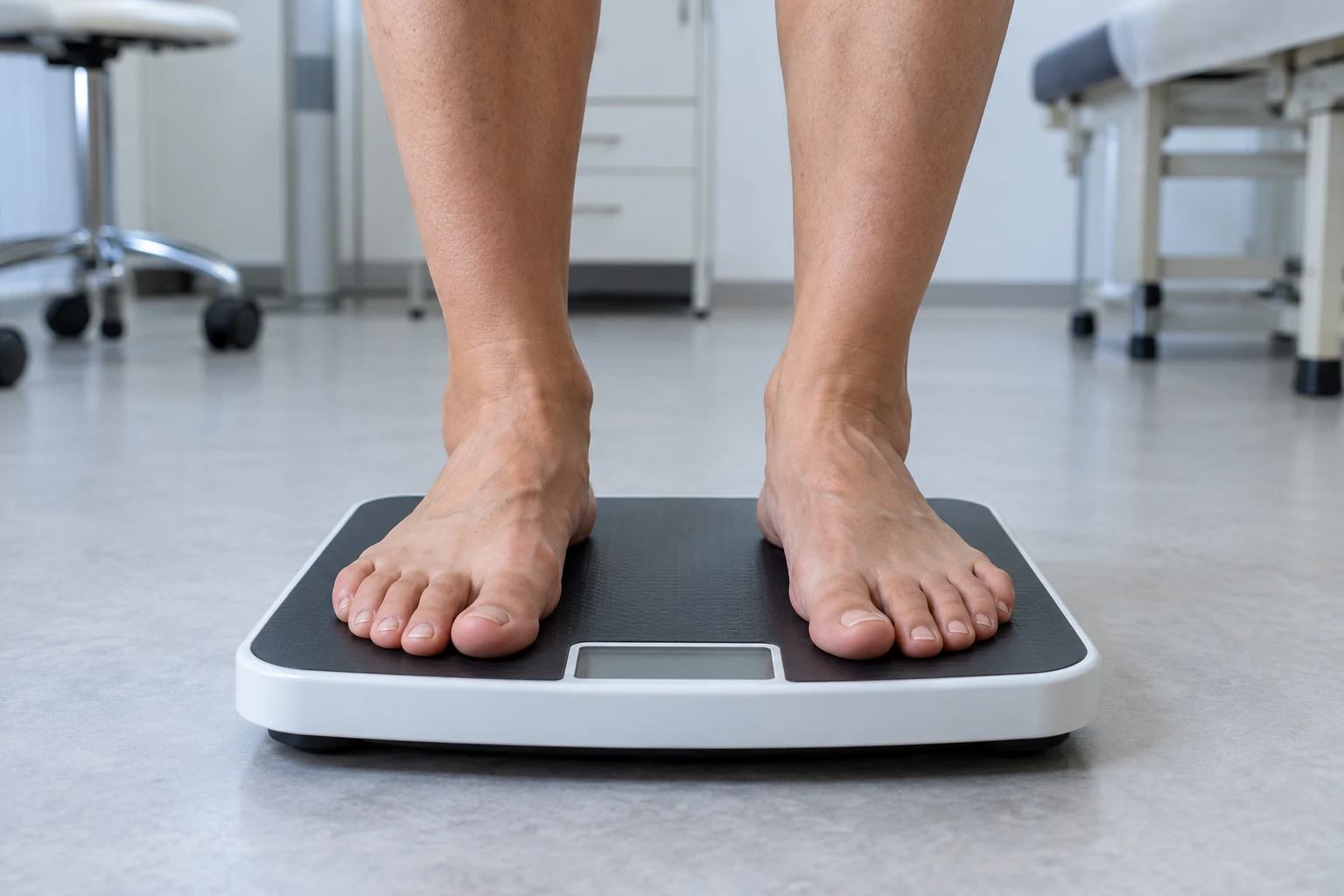 Illustrative adult feet on a medical standing scale
