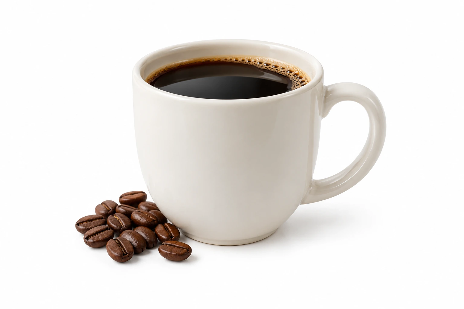 A ceramic cup of coffee with roasted coffee beans