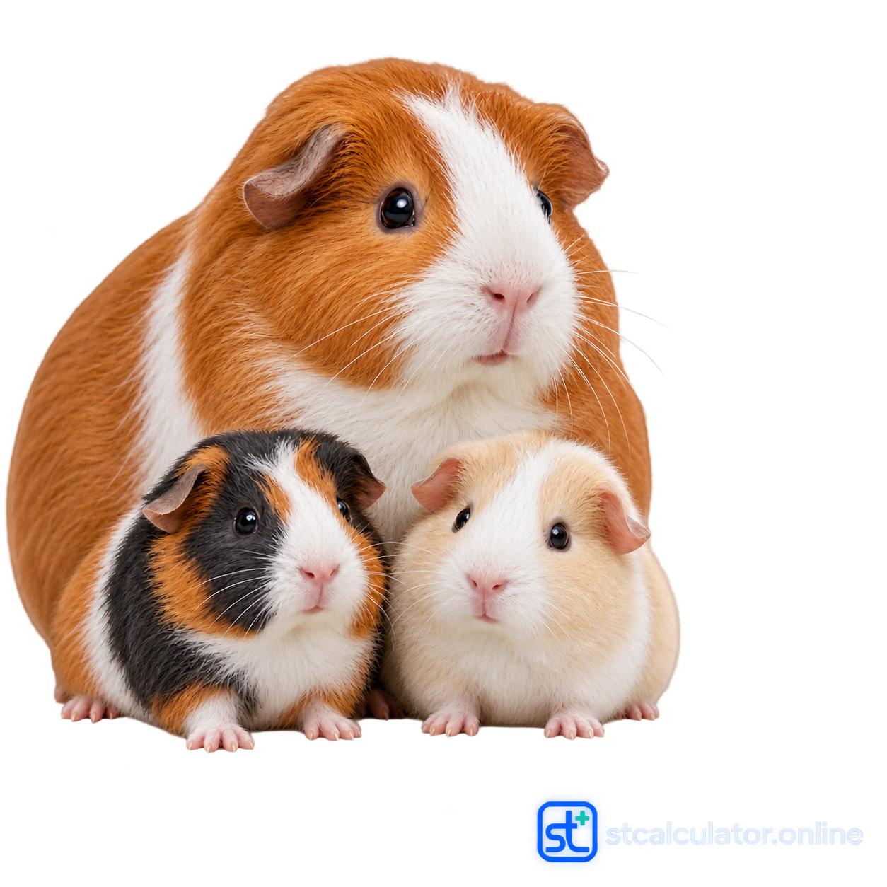 Illustrative guinea pig mother and two pups; standard STCalculator watermark in the lower-right empty space