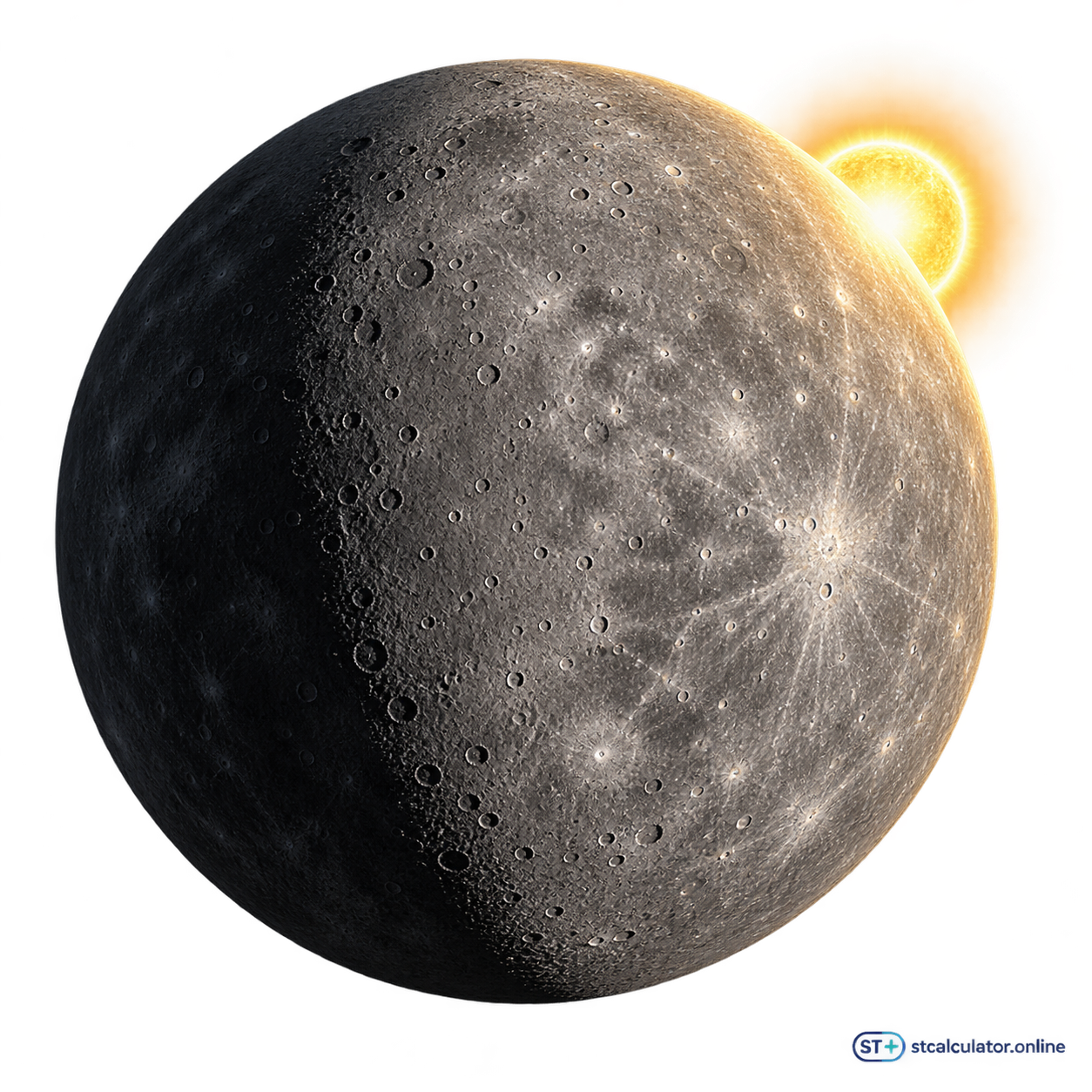 Original illustrative cratered Mercury with the Sun