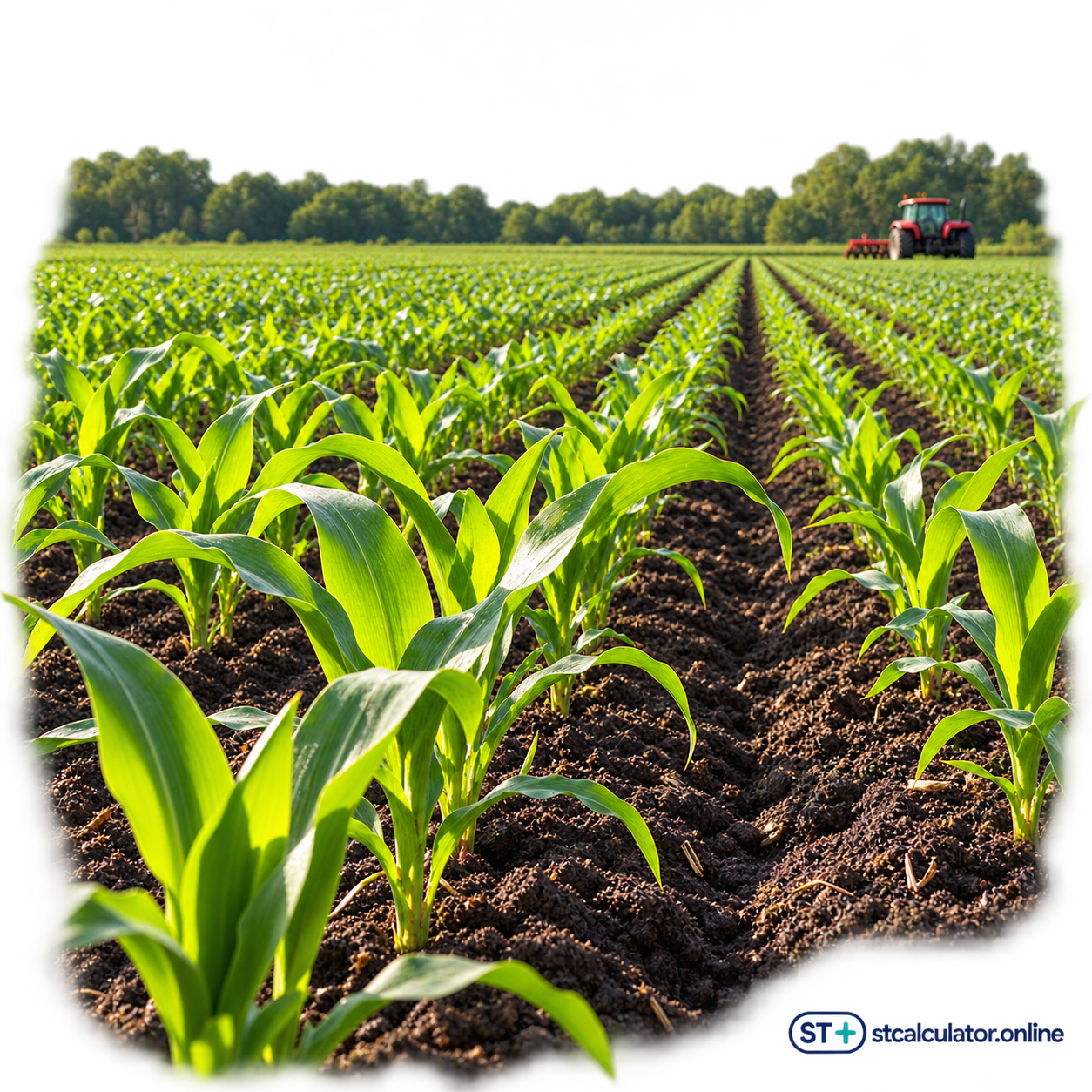 Original illustrative rows of young corn and a distant tractor, with embedded STCalculator watermark
