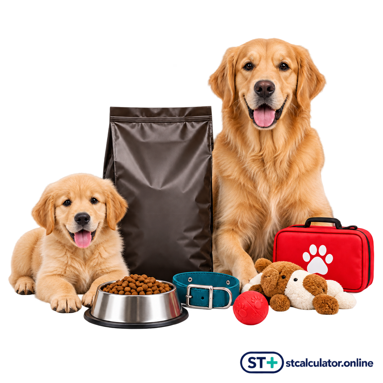 Golden retriever puppy and adult with everyday pet-care supplies and an embedded STCalculator watermark