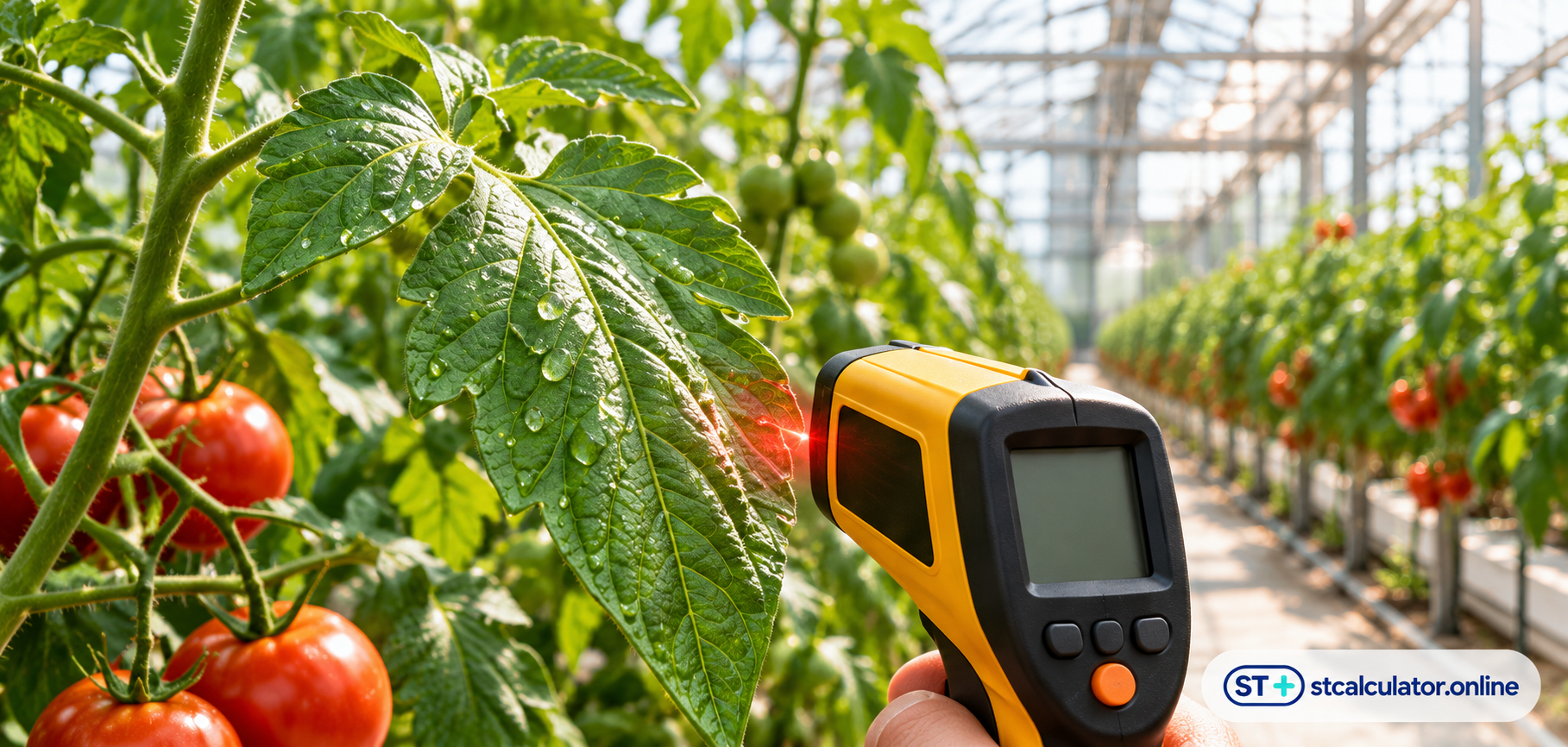 Complete greenhouse scene with tomato leaf and infrared thermometer; decorative image with embedded STCalculator logo