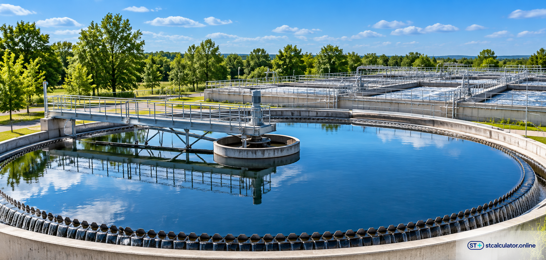 Modern wastewater clarifier and treatment plant; decorative photograph with embedded STCalculator logo