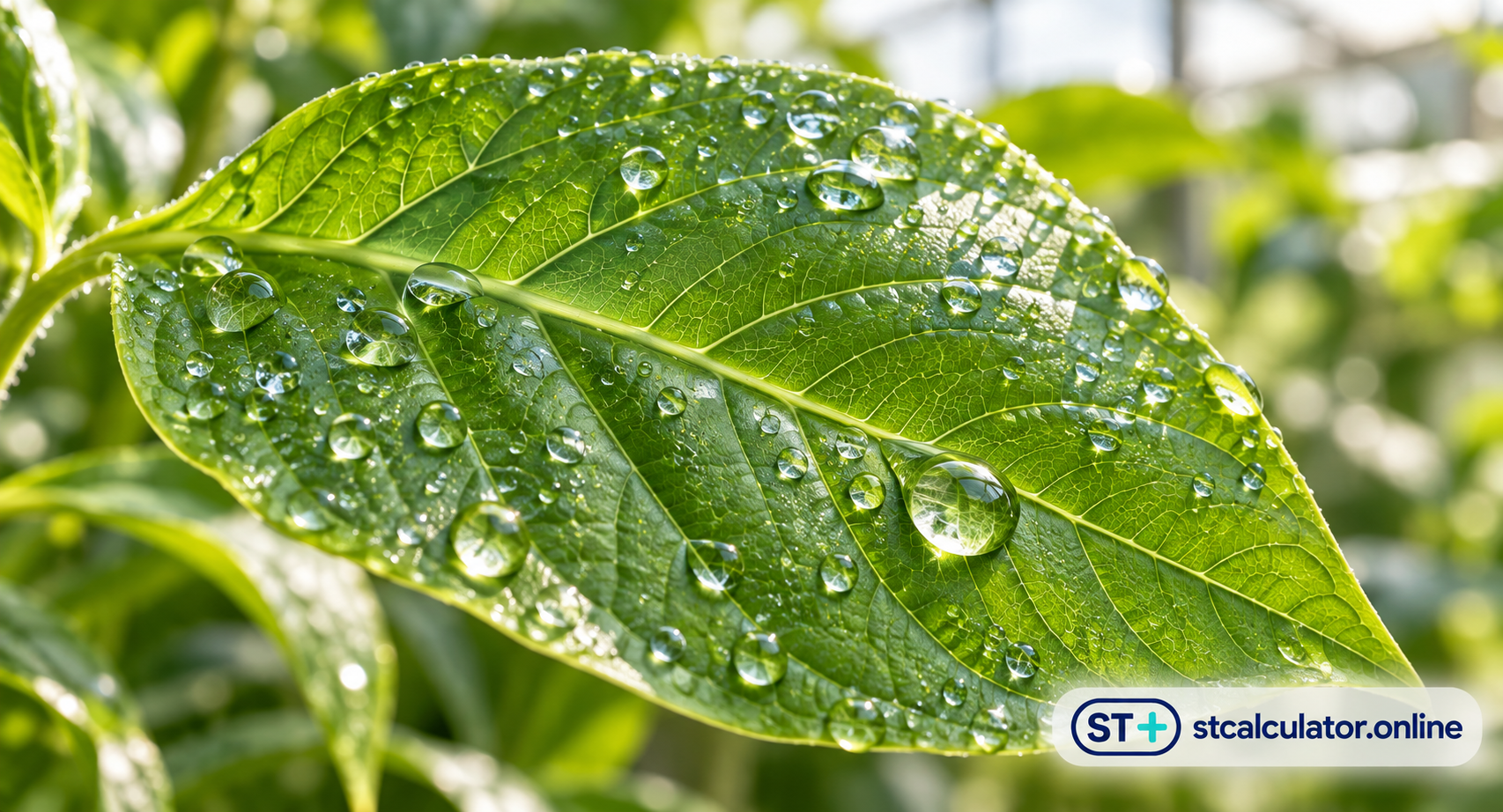 Dew-covered green leaf; decorative botanical photograph with embedded STCalculator logo