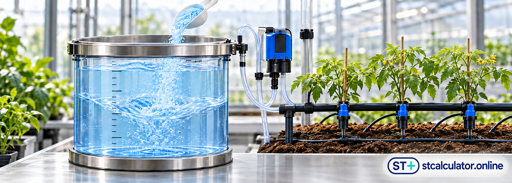 Illustrative mixing tank, scoop, dosing equipment and tomato drip-irrigation manifold