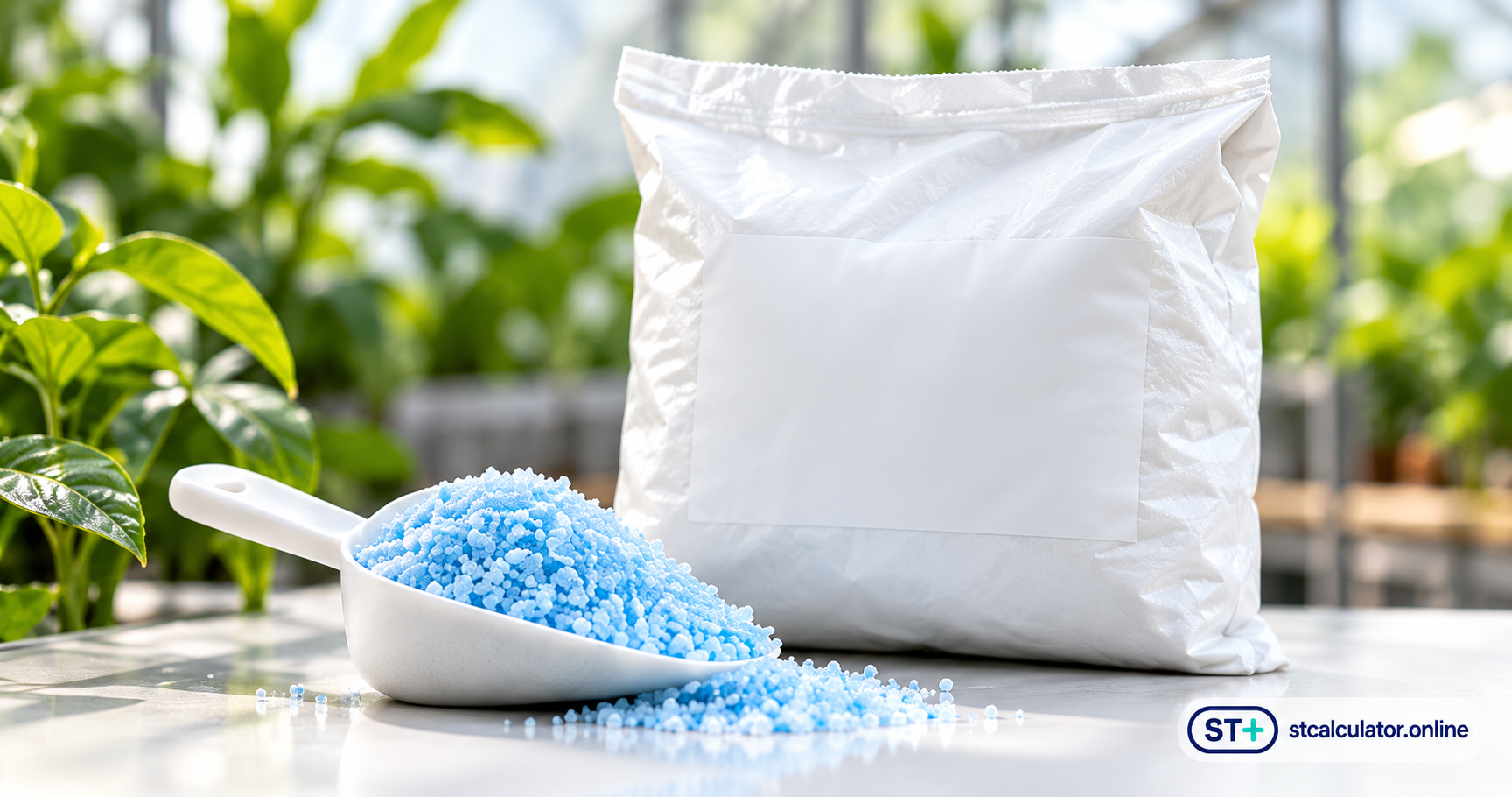 Soluble fertilizer bag and scoop in a greenhouse; decorative photograph