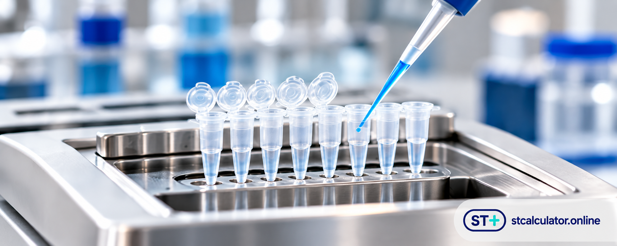 PCR tubes in a thermal block with a pipette tip; decorative lab photograph