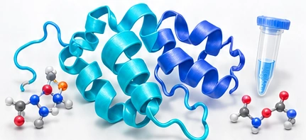 Illustrative turquoise and indigo protein ribbon with molecular models and a microtube; not the input sequence’s predicted structure