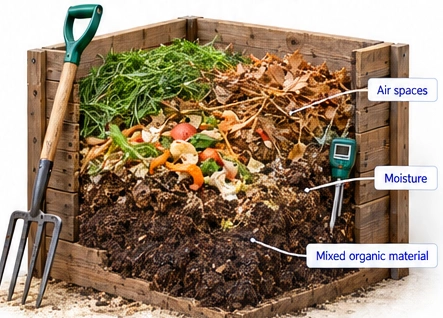 Illustrative cutaway wooden compost bin with grass, leaves, food scraps and organic material. Labels show air spaces, moisture and mixed organic material; the probe is illustrative, not an instrument reading.