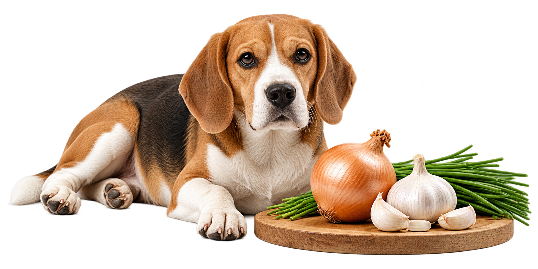 Illustrative beagle beside a separate board of Allium ingredients