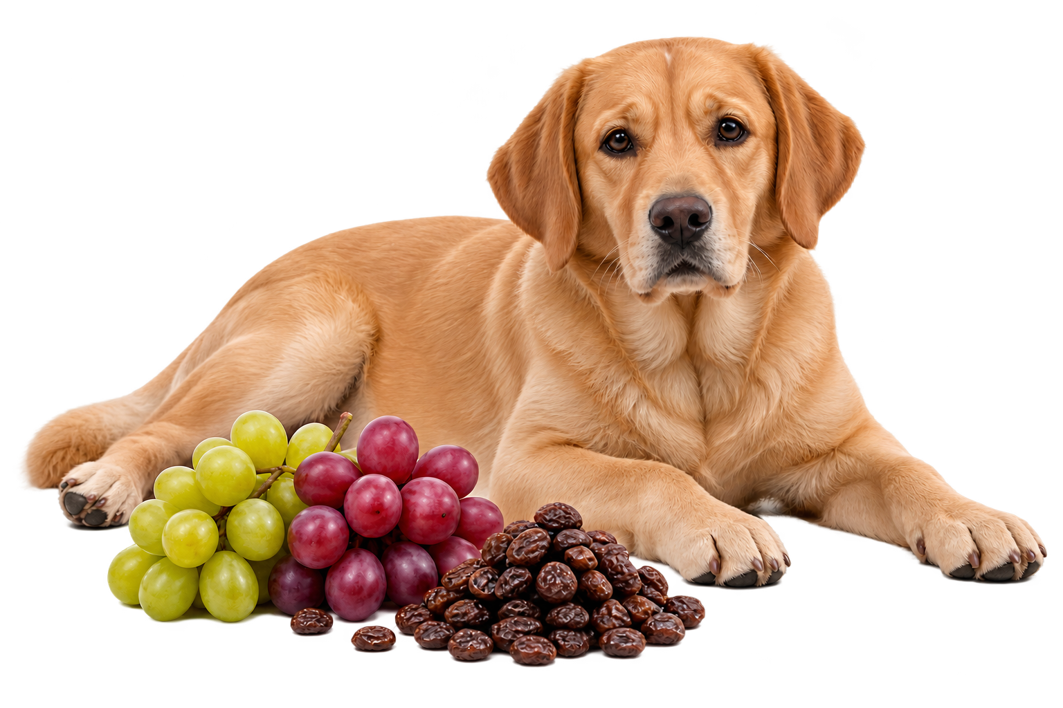 Illustrative Labrador beside a separate display of grapes and raisins; not eating