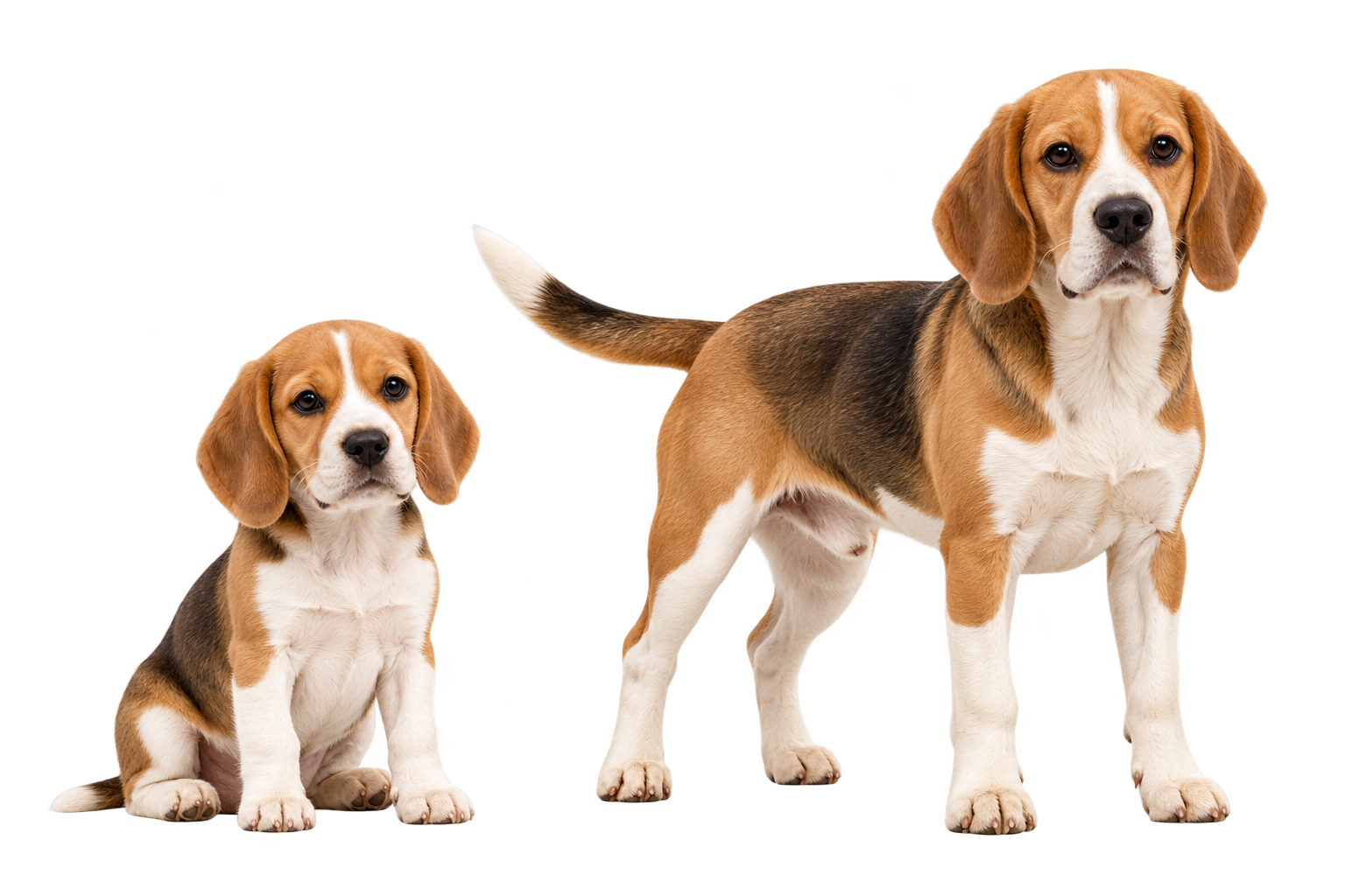 Beagle puppy and adult size illustration, not a guaranteed appearance or scale
