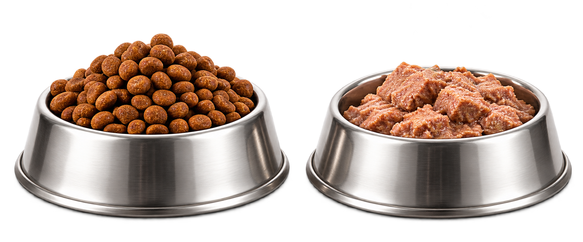Polished stainless steel bowls with dry kibble on the left and wet food on the right