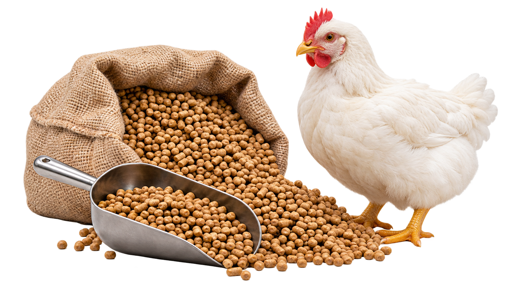 Burlap sack and metal scoop of feed pellets beside a white broiler chicken