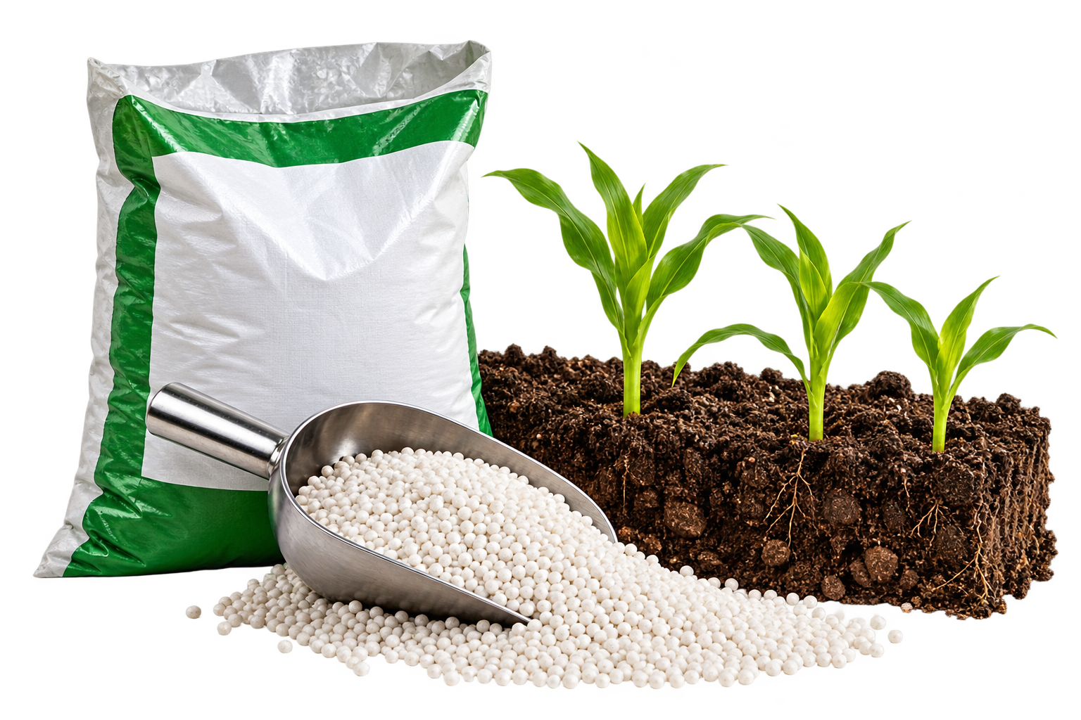 White and green fertilizer sack, metal scoop of granules and a soil cutaway with three young seedlings