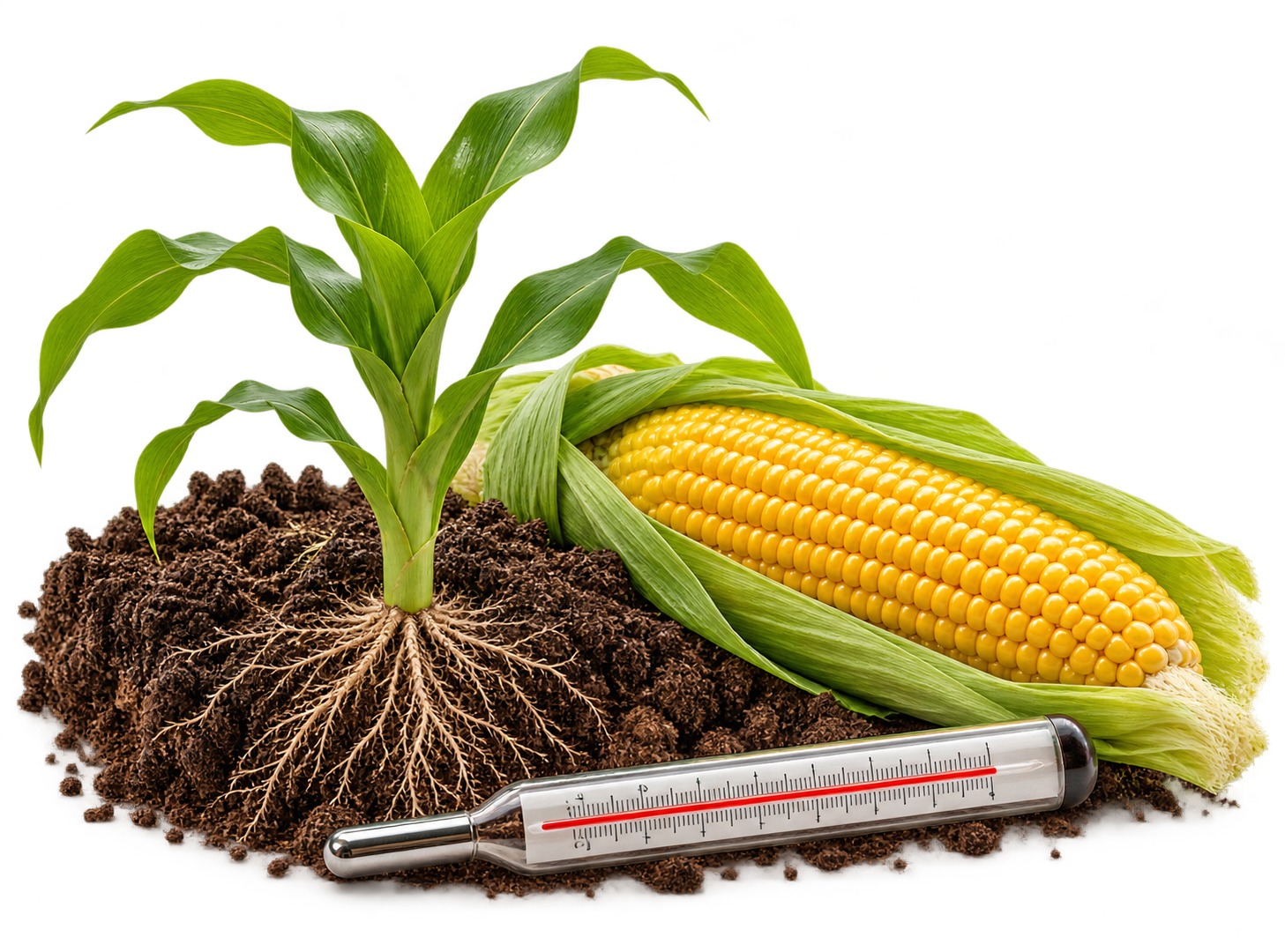 Young maize plant in a soil cutaway, fresh corn ear and field thermometer