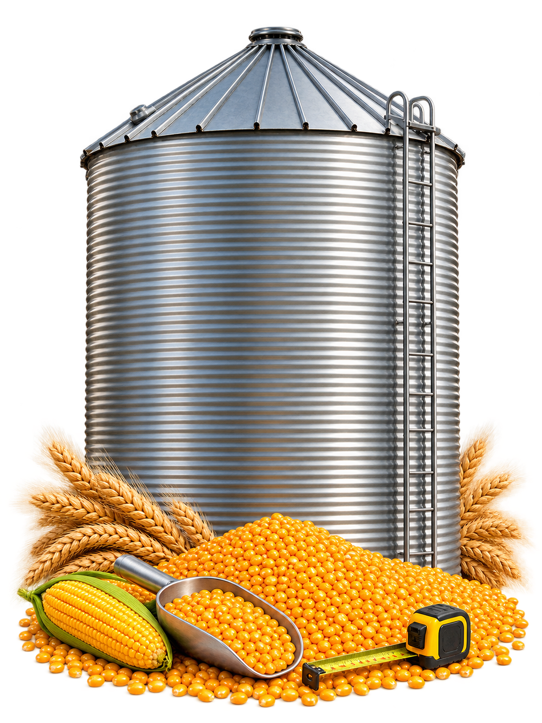 Galvanized grain bin with maize, wheat, a grain sample scoop and measuring tape