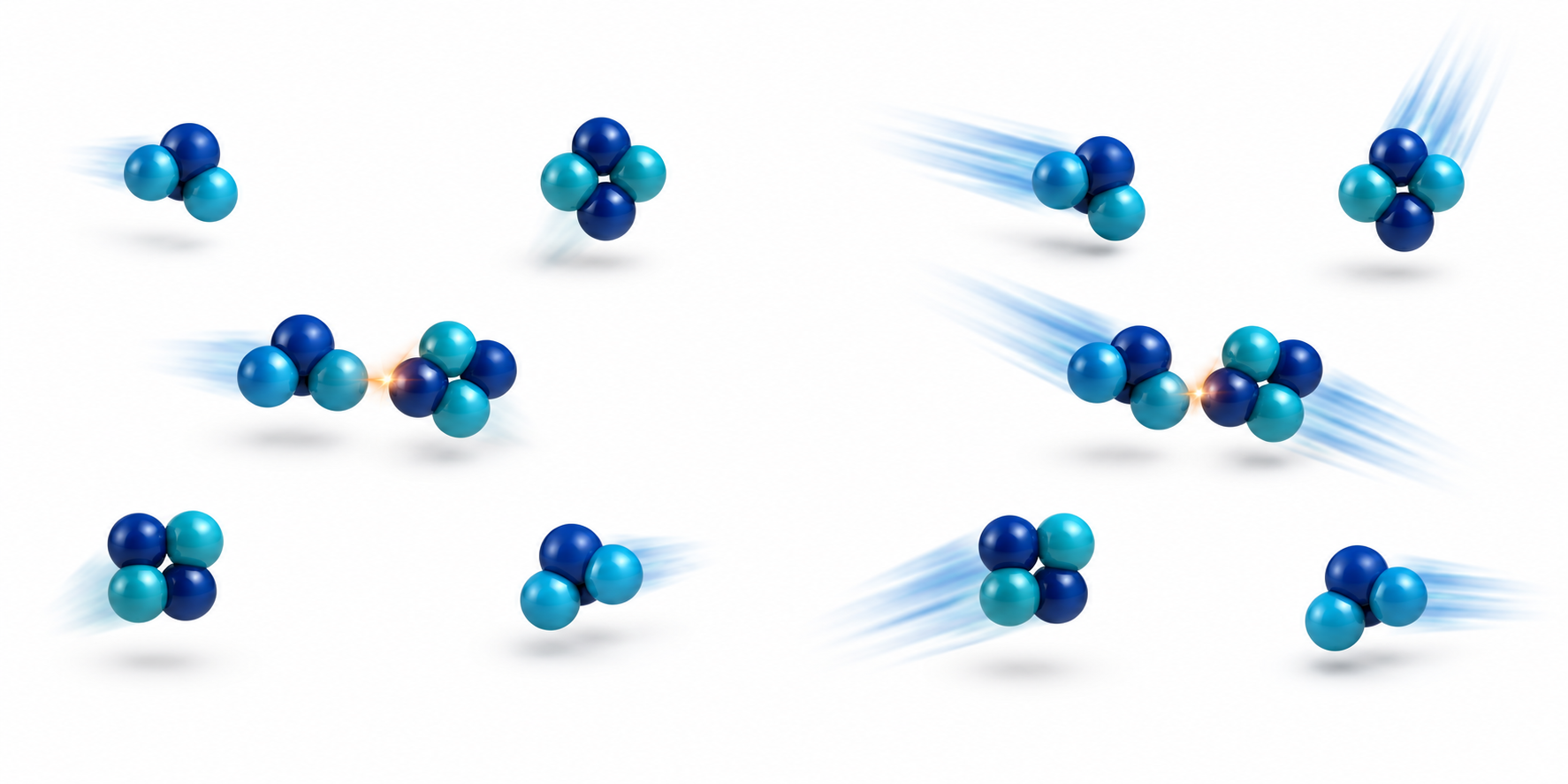 Conceptual blue and teal molecular clusters with shorter motion trails on the left and longer motion trails on the right.
