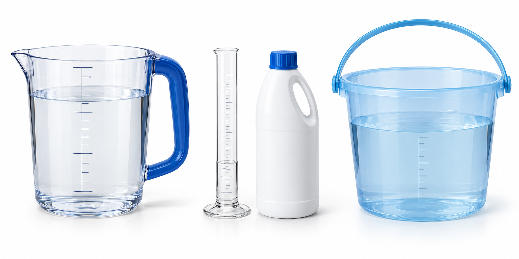 Illustrative water jug, small bleach measure and final mixing pail