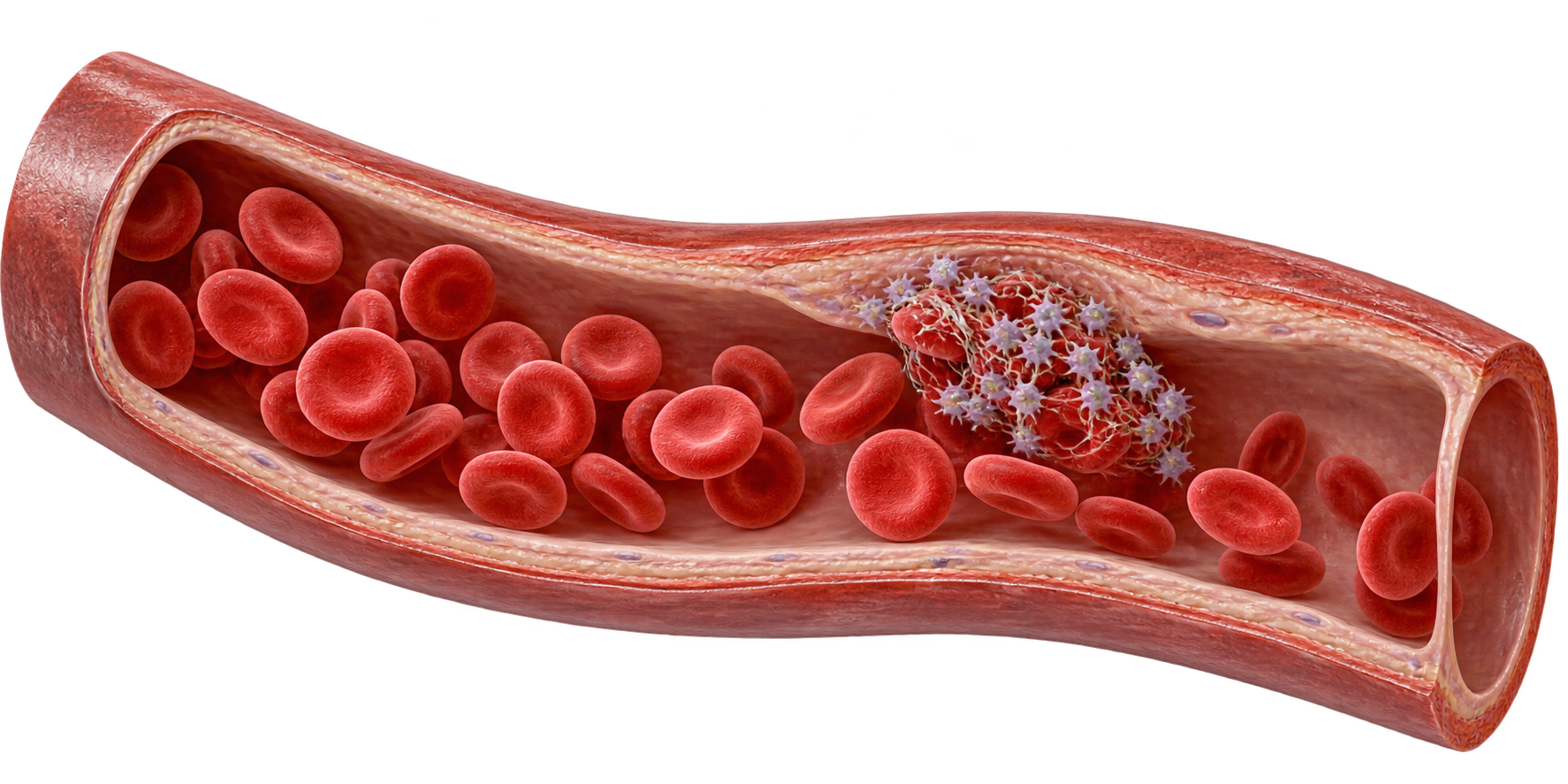 Educational medical illustration of blood cells and a small platelet-rich clot in a vessel