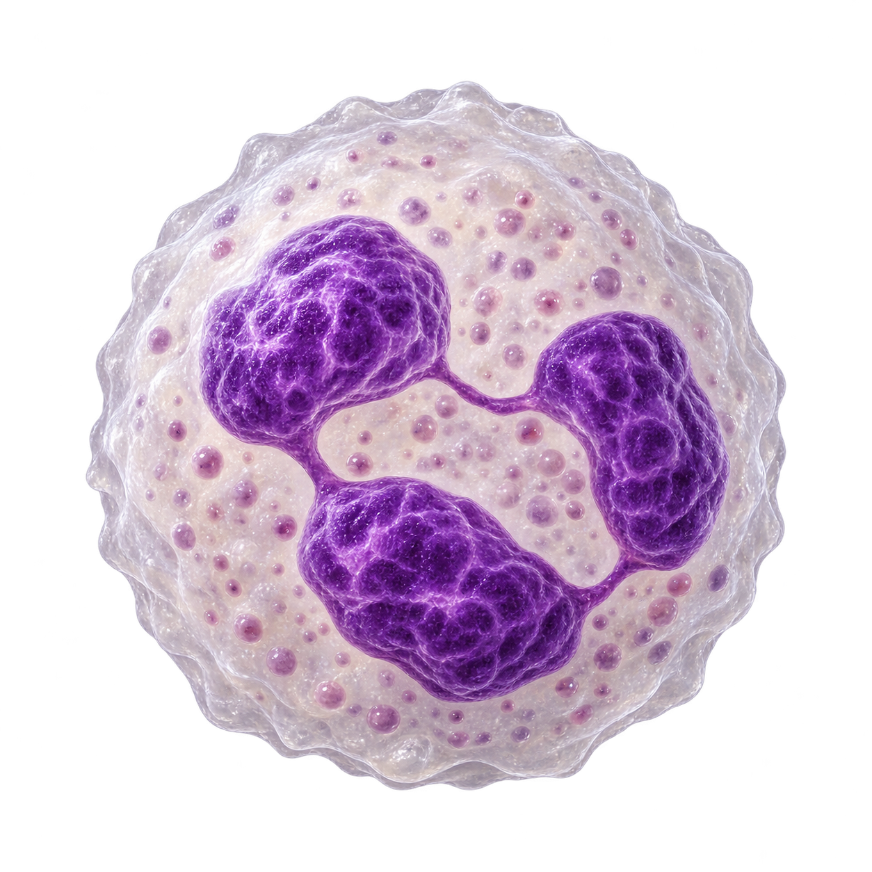 Medical illustration of a mature neutrophil with a segmented purple nucleus