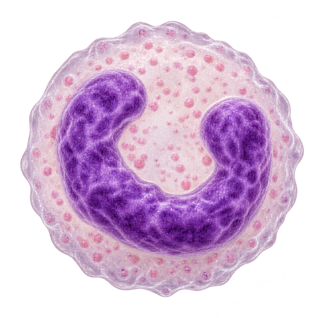 Medical illustration of a band neutrophil with a single continuous U-shaped purple nucleus
