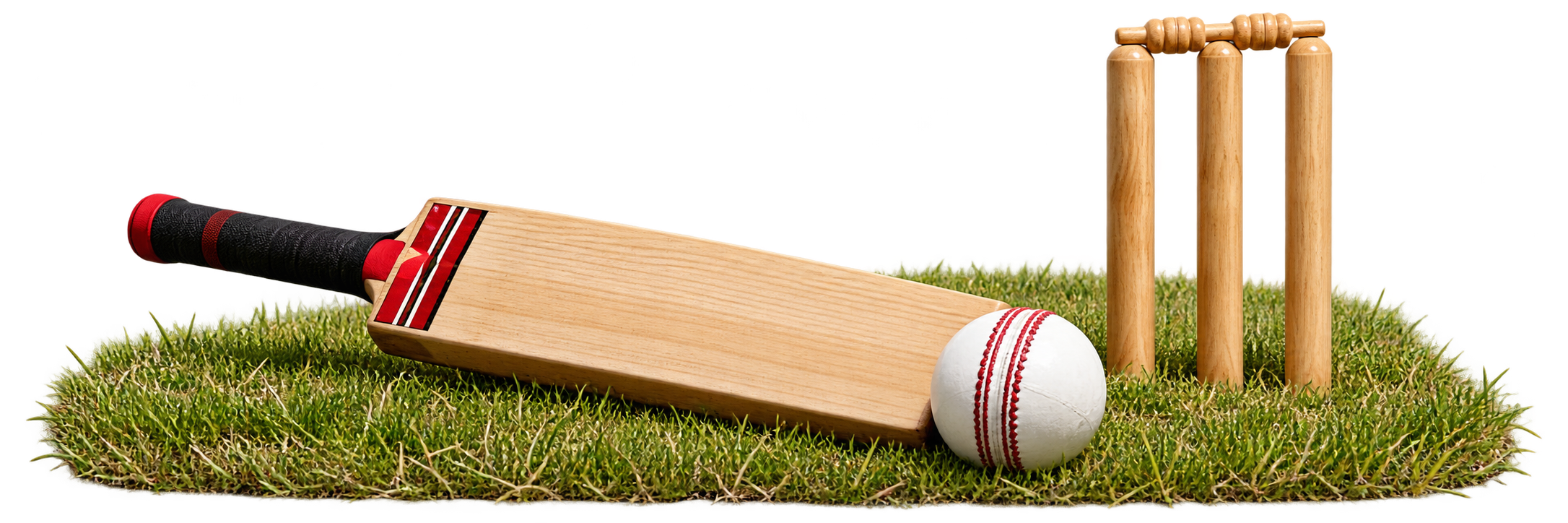 Realistic cricket bat, seamed white ball and three wooden stumps on a small turf patch