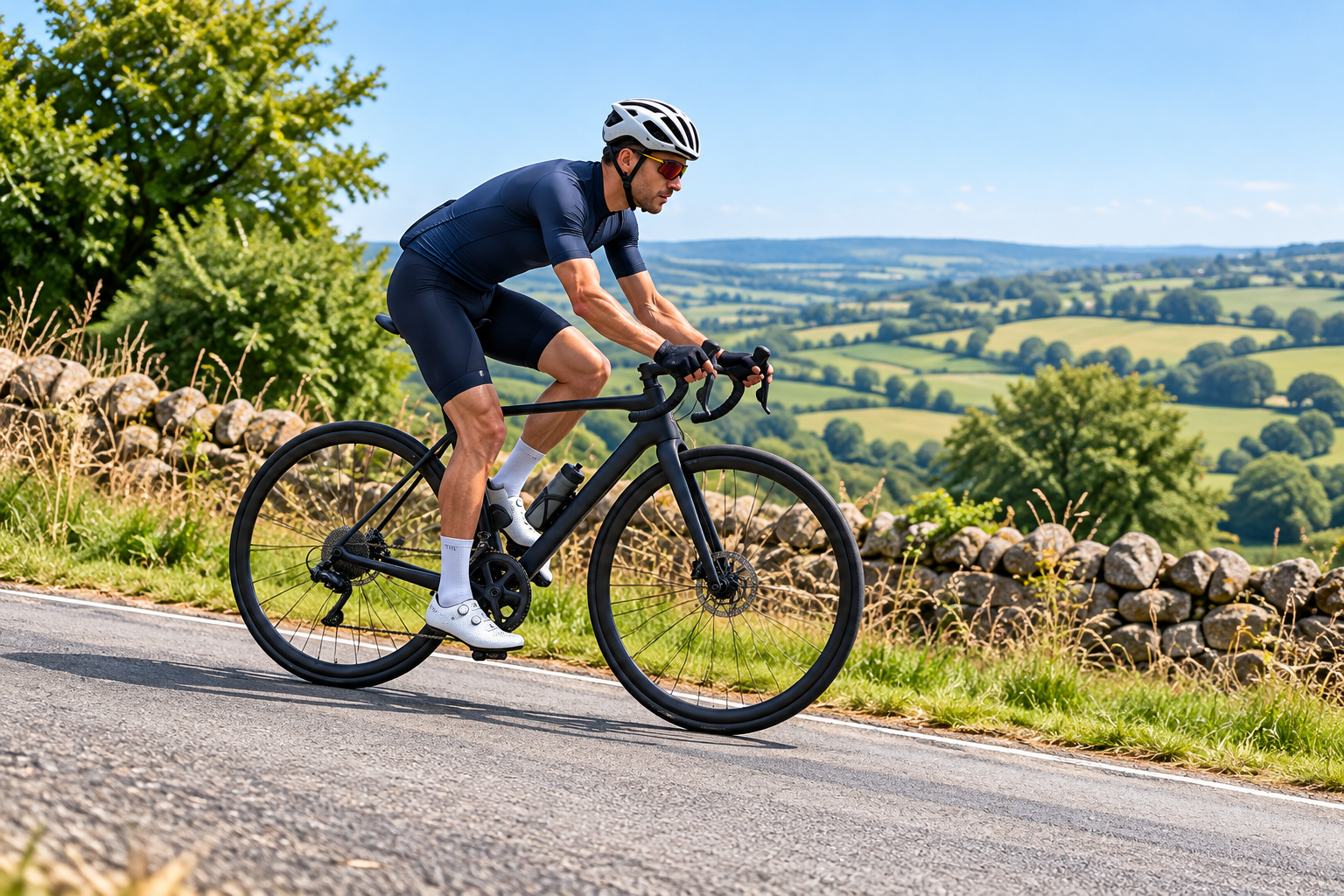 Helmeted road cyclist riding uphill beside a stone wall and green countryside