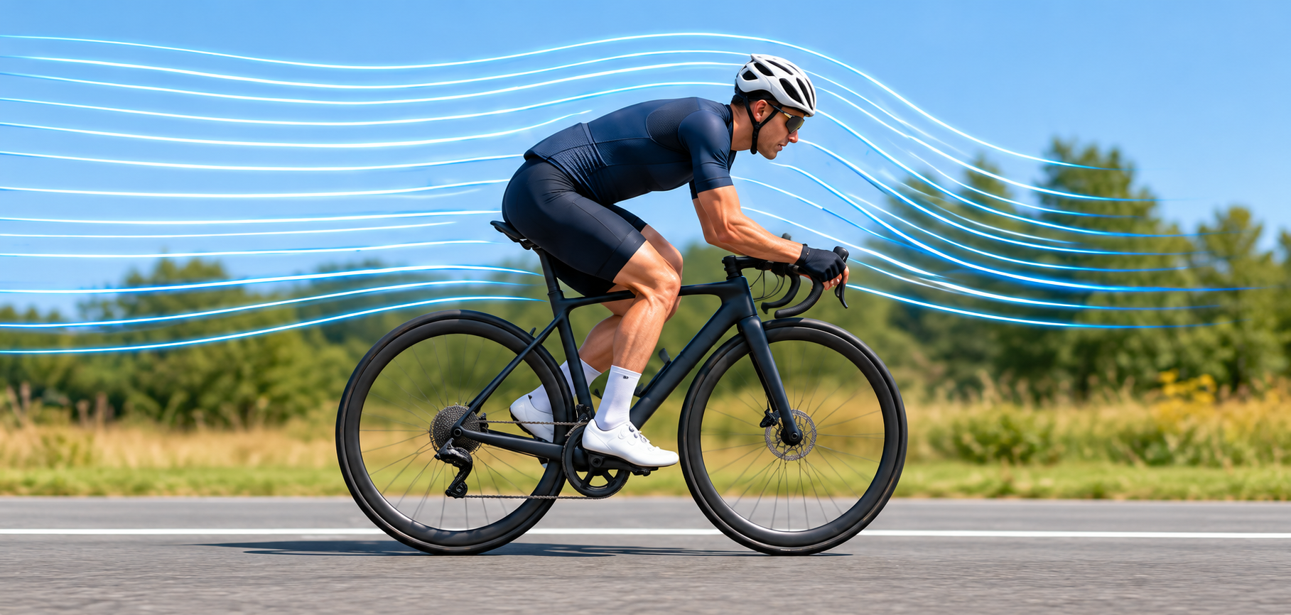 Road cyclist illustrating airflow, rolling resistance and gravity