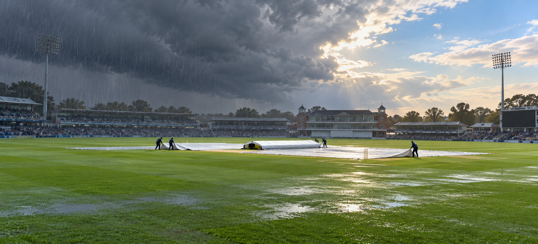 Rain over a cricket ground with pitch covers in place