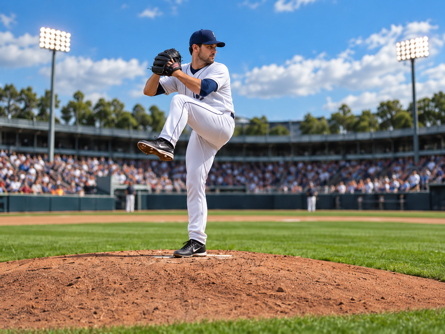 Baseball pitcher in a windup on the mound