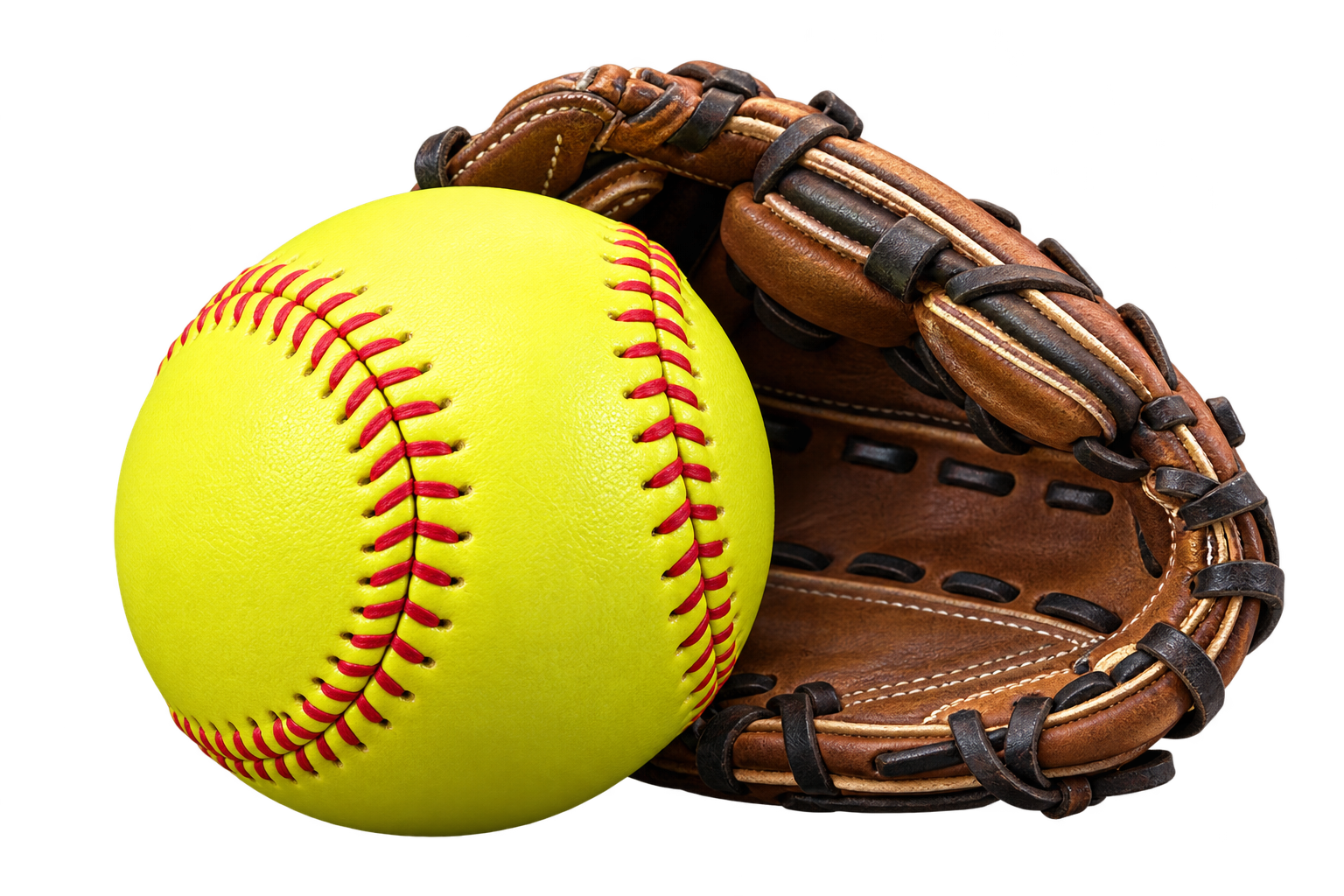 Yellow softball and leather glove