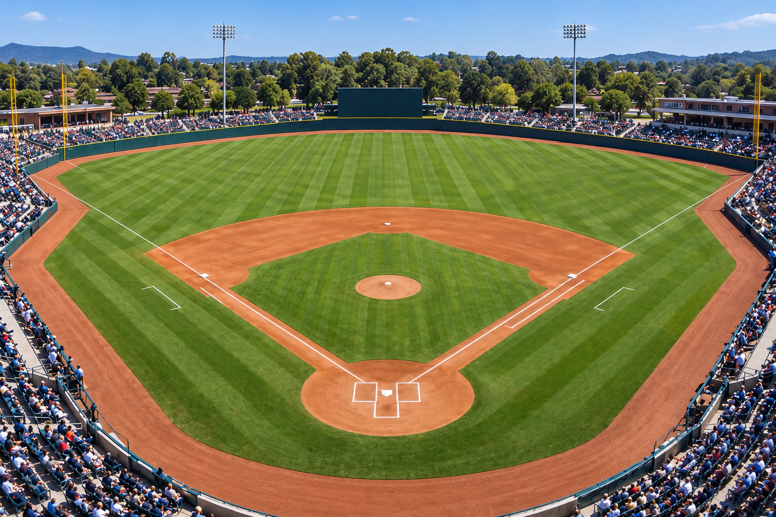Realistic baseball stadium viewed from behind home plate