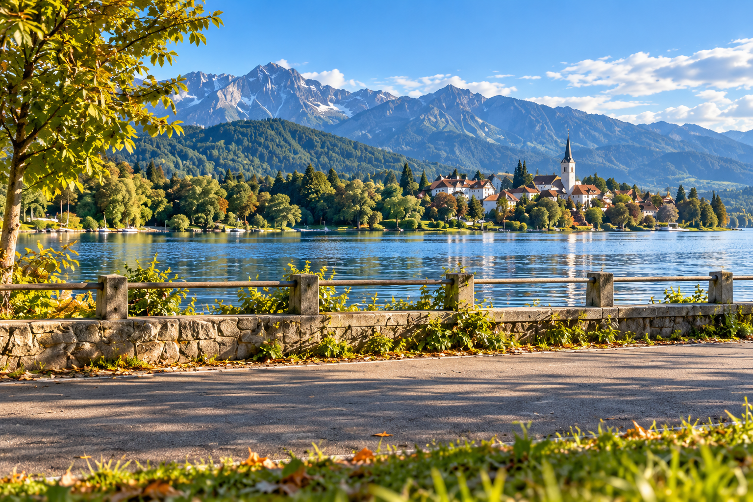 Lakeside cycle path with a village and mountains