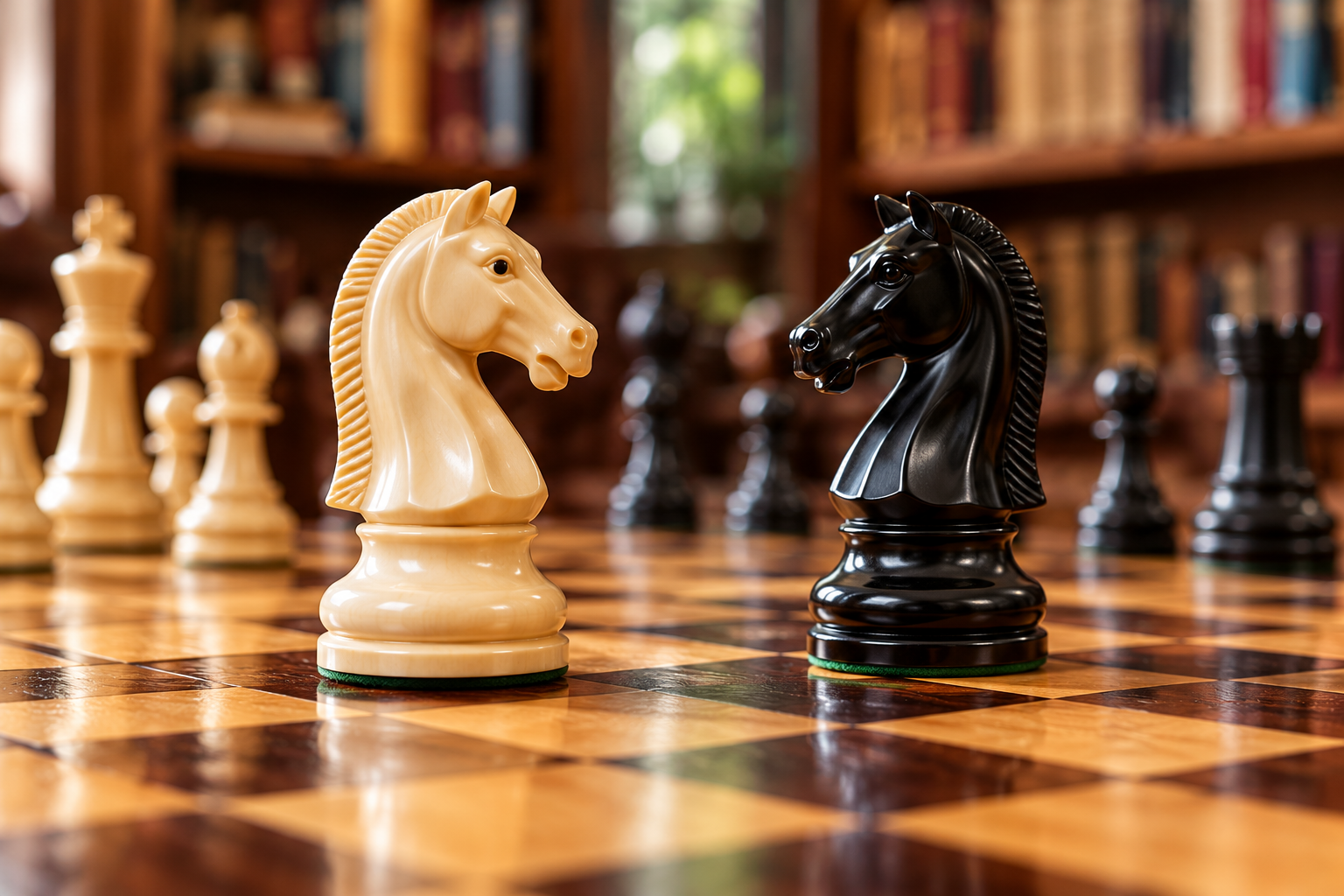 Ivory and ebony chess knights on a wooden board in a chess club